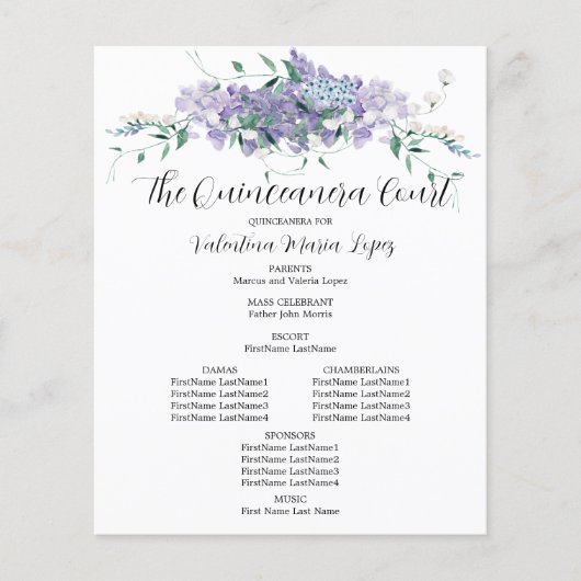 Elegant Paarse bloemenquinceanera programma (Voorkant)