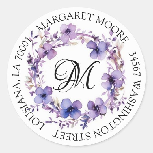 Elegant Paarse bloemenscript monogram adres Ronde Sticker (Voorkant)