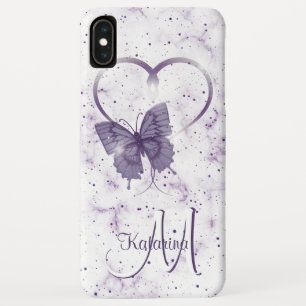 Elegant Paarse Butterfly, Heart & Marble Monogram iPhone XS Max Hoesje