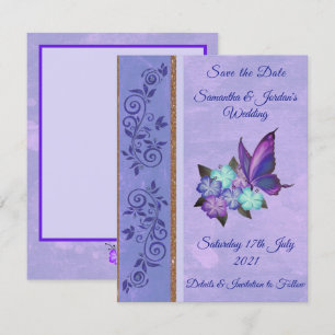 Elegant Paarse Butterfly & Hibiscus Save the Date Kaart