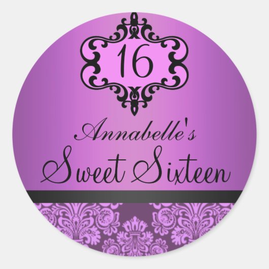 Elegant Paarse Chic Damask Sweet 16 Sticker (Voorkant)