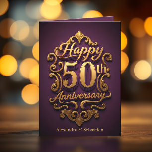 Elegant Paarse en gouden 50ste bruiloft Jubileum Kaart