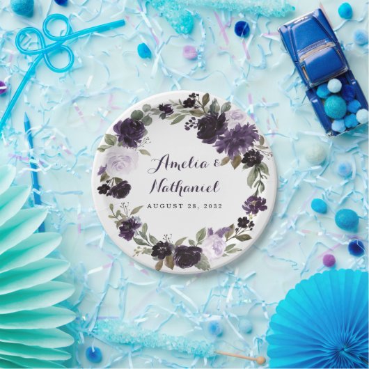 Elegant Paarse en gouden groene blad bloemetjesbru Papieren Bordje (Feest)