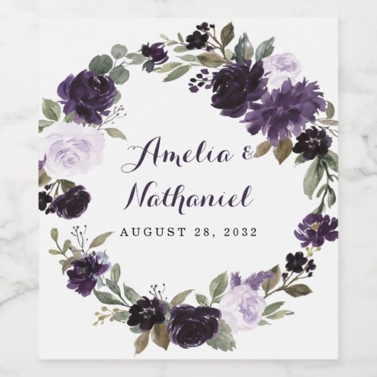 Elegant Paarse en gouden groene blad bloemetjesbru Wijn Etiket (Enkel label)