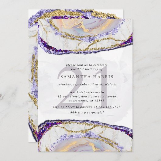 Elegant Paarse en gouden marmeren 21e verjaardagsf Kaart (Voorkant / Achterkant)