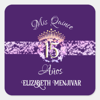 Elegant Paarse en gouden Quinceañera Spaans Vierkante Sticker