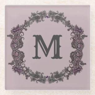 Elegant Paarse en zilveren ingelijst monogram Glazen Onderzetter