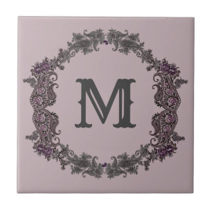 Elegant Paarse en zilveren ingelijst monogram Tegeltje
