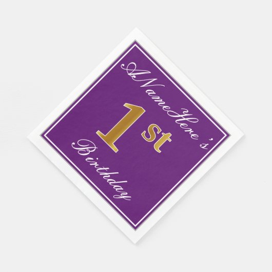 Elegant Paarse, Faux Gold 1e Verjaardag + Naam Servetten (Hoek)