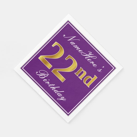 Elegant Paarse, Faux Gold 22e Verjaardag + Naam Servet (Hoek)