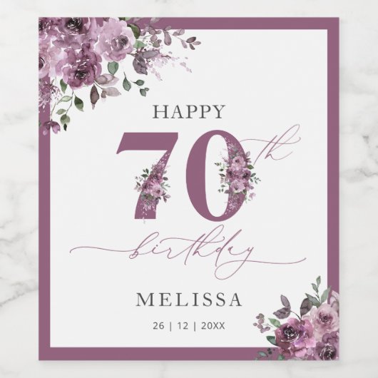 Elegant Paarse Floral 70e verjaardag Wijn Etiket (Enkel label)