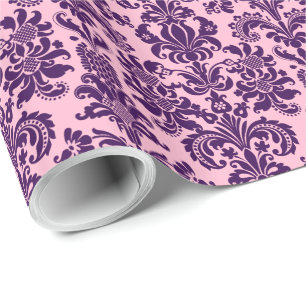 Elegant Paarse Floral Damasroze terug Cadeaupapier