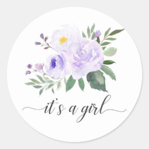 Elegant Paarse Floral Het is een meisje Baby showe Ronde Sticker