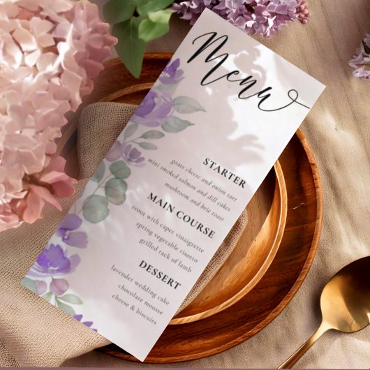 Elegant Paarse Floral Waterverf Wedding Menu