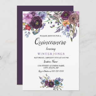 Elegant Paarse Floral Winter Quinceanera Invite Kaart