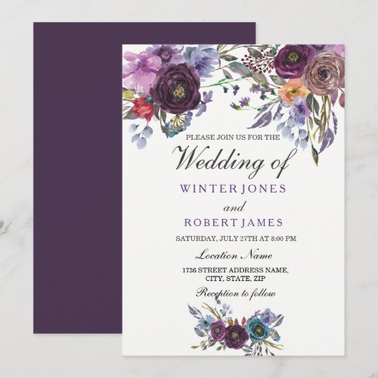 Elegant Paarse Floral Winter Wedding Invitation Kaart (Voorkant / Achterkant)