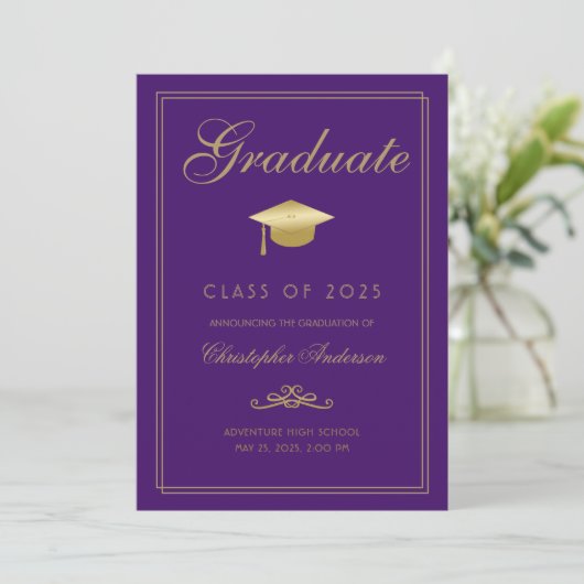 Elegant Paarse Gold Formal Script Afstuderen Aankondiging (Staand voorkant)