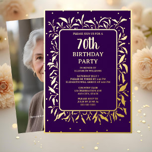 Elegant Paarse Goud 70e Aangepaste Verjaardag Part Folie Uitnodiging