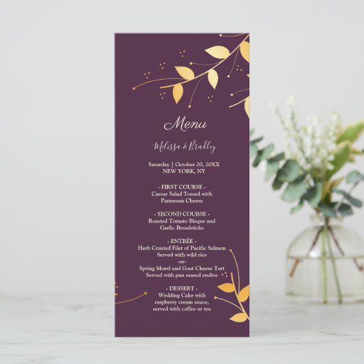 Elegant Paarse gouden bladeren bruiloft menu (Staand voorkant)