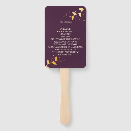 Elegant Paarse gouden bladeren bruiloft programma Handwaaier (Achterkant)