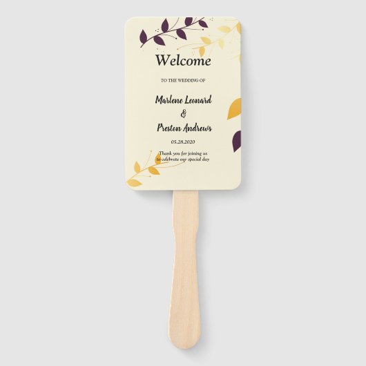 Elegant Paarse gouden bladeren bruiloft programma Handwaaier (Voorkant)