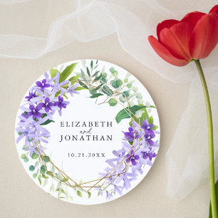 Elegant Paarse gouden bloemenkrans bruiloft Ronde Sticker