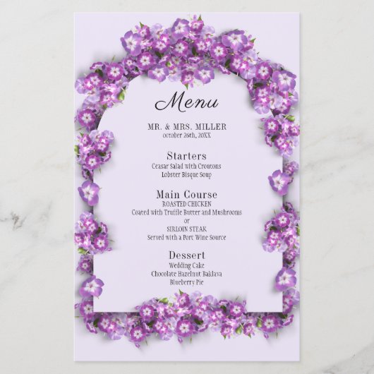 Elegant Paarse Lila I Arch Bloemenbruiloft Menu (Voorkant)