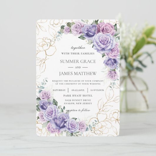 Elegant Paarse Lila lavender Rozen Weddenschap Kaart (Staand voorkant)