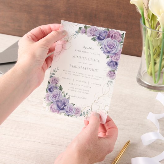Elegant Paarse Lila lavender Rozen Weddenschap Vellum Uitnodigingen (Draagbaar)