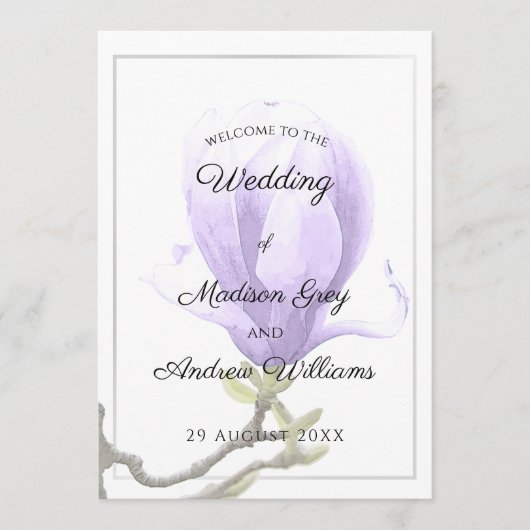 Elegant Paarse Magnolia Wedding Menu (Voorkant)