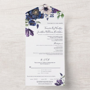 Elegant Paarse marine Blue Floral Wedding All In One Uitnodiging
