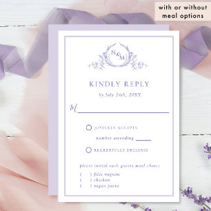 Elegant Paarse monogram met/zonder maaltijden RSVP Kaartje