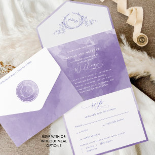 Elegant Paarse Monogram Waterverf Wedding All In One Uitnodiging