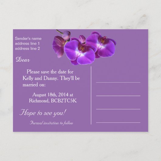 Elegant, paarse orchidee bloemen, behalve de datum aankondigingskaart (Achterkant)