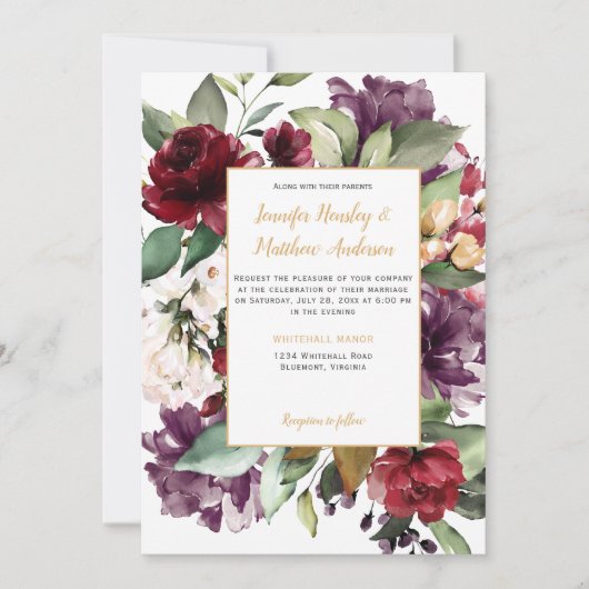 Elegant Paarse rood goud bloemenexplosie bruiloft Kaart (Voorkant)