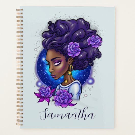 Elegant Paarse Rozen Afro Woman Planner (Voorkant)