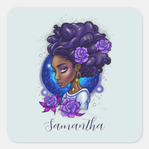 Elegant Paarse Rozen Afro Woman Vierkante Sticker