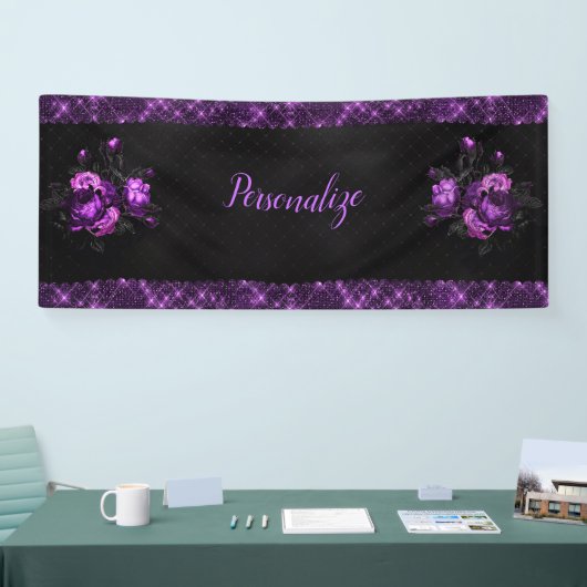 Elegant Paarse Rozen en grens aan zwart personalis Spandoek (Beurs)