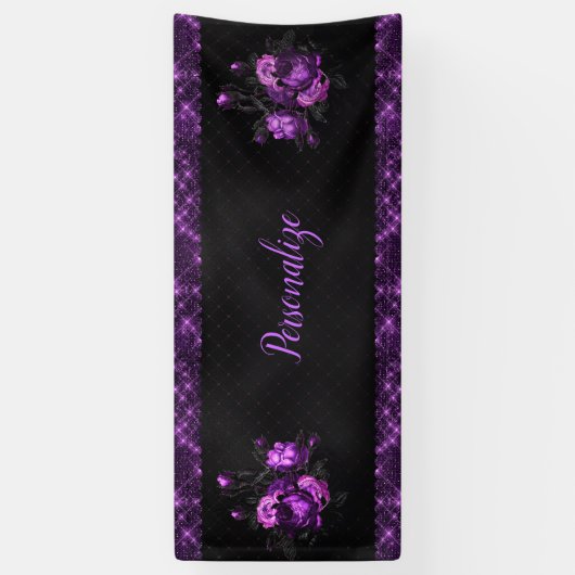 Elegant Paarse Rozen en grens aan zwart personalis Spandoek (Verticaal)