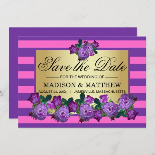 Elegant Paarse Rozen & Stripes Sla de Kaart Datum (Voorkant / Achterkant)