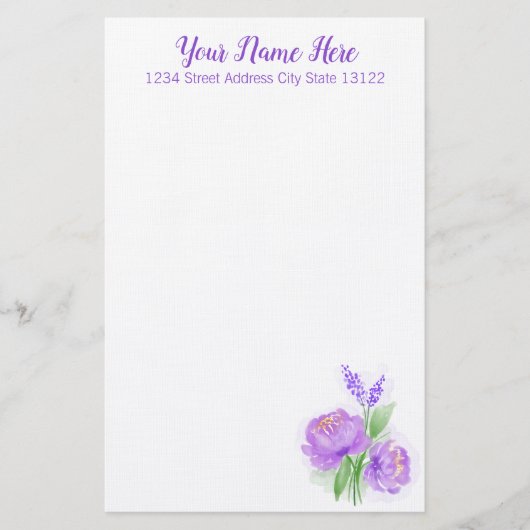 Elegant Paarse Waterverf Bloem Briefpapier (Voorkant)