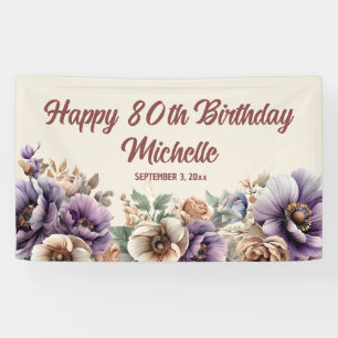 Elegant Paarse Waterverf Floral 80th Birthday Spandoek