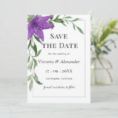 Elegant Paarse Waterverf Floral Wedding Save The Date (Staand voorkant)