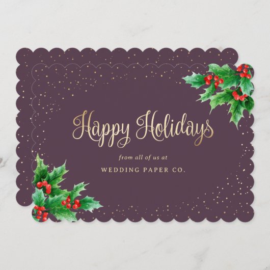 Elegant Paarse Waterverf Holly Berries Business Feestdagenkaart (Voorkant / Achterkant)