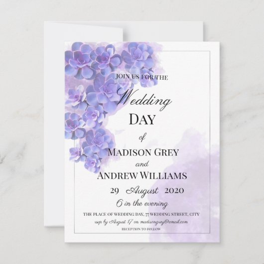 Elegant Paarse Waterverf Succulents Wedding Kaart (Voorkant)