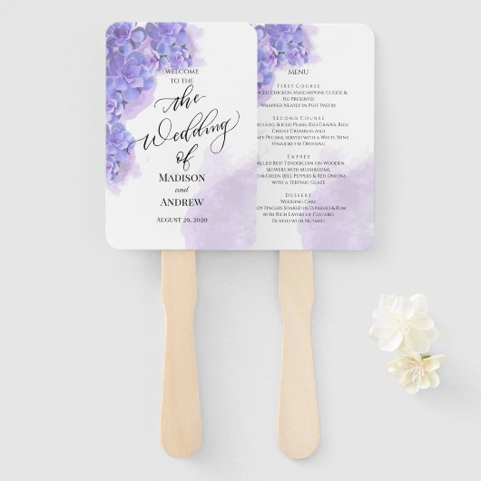 Elegant Paarse Waterverf Succulents Wedding Menu Handwaaier (Voorkant en achterkant)