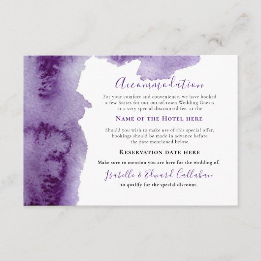 Elegant Paarse Waterverf Uitwasaccommodatie Informatiekaartje (Voorkant)