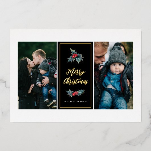 Elegant Painted Holly Two Photo Merry Kerstmis Folie Feestdagenkaart (Voorkant)