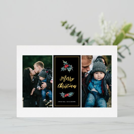 Elegant Painted Holly Two Photo Merry Kerstmis Folie Feestdagenkaart (Staand Voorkant)
