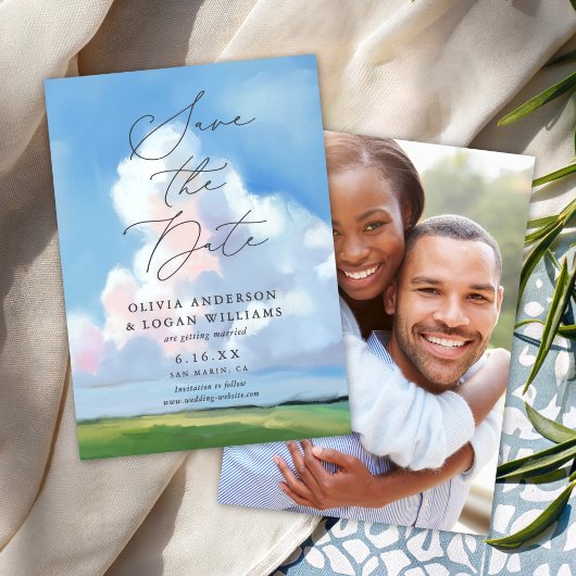 Elegant Painted Landscape Blue Sky Clouds Wedding  Save The Date
